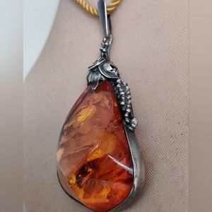 Stunning Genuine Baltic Amber Pendant Art Nouveau style Sterling Silver 925
